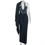 Women Solid Backless Sexy Asymmetrical V-Neck Long-Sleeve Bodycon Dress