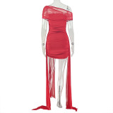 Women Solid Lace-Up Pleated Off-Shoulder Short-Sleeve Bodycon Dress
