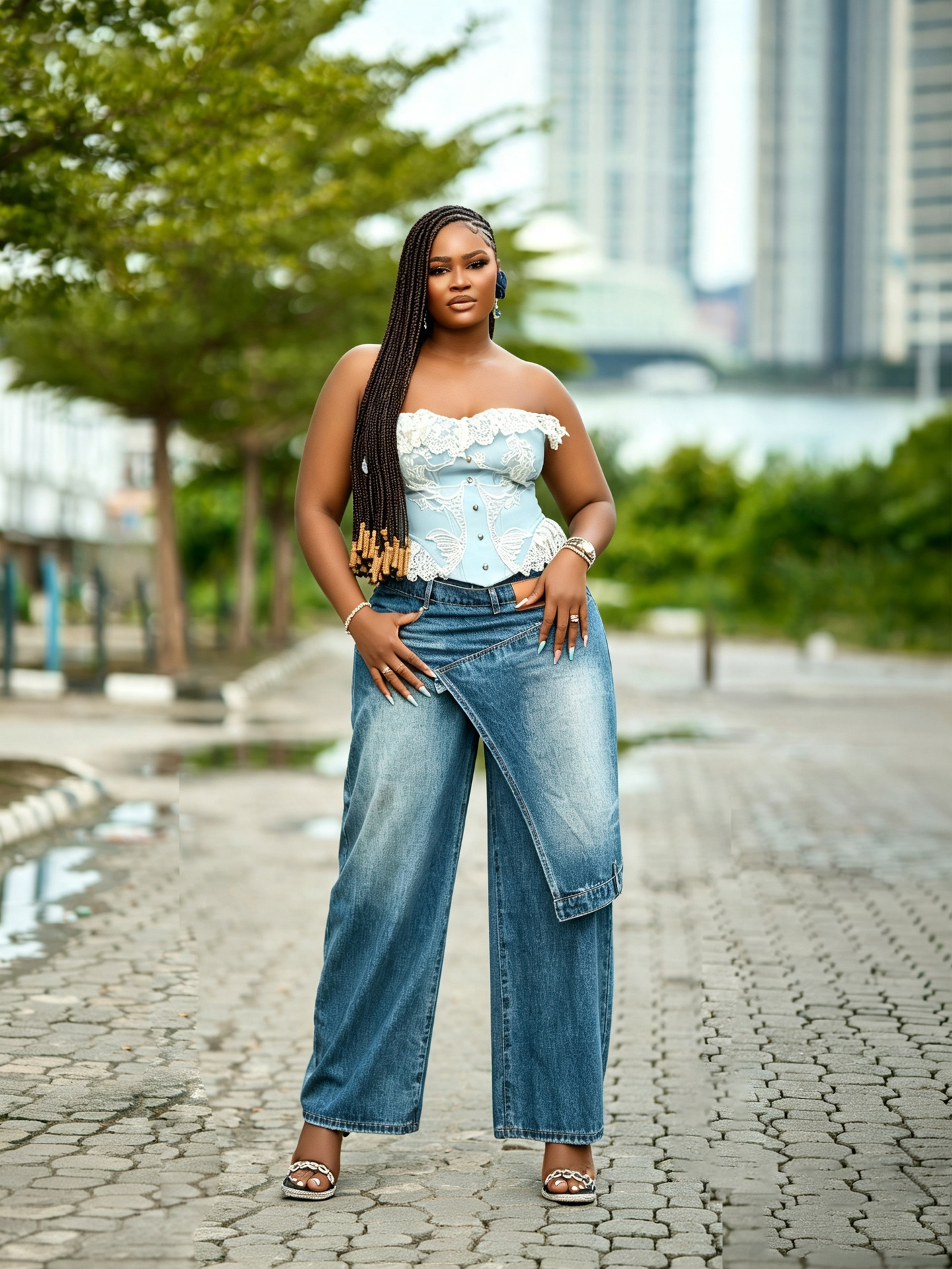 Patchwork Waistband Denim Pants for Casual Streetwear