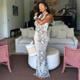 Women Gray and White Print Halter Neck Swing Neck Bodycon Dress