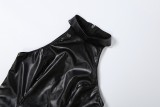 Women summer stand collar patchwork pu leather sleeveless bodycon dress
