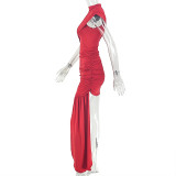 Women Solid Asymmetrical Sexy Sleeveless High-Neck Bodycon Dress