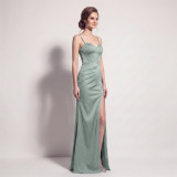 Women Spaghetti Strap Fishbone Pleated Slit Formal Party Evening Dress