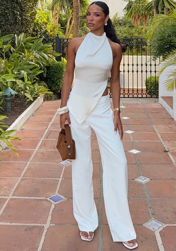 Women Solid Backless Halter Neck Round Neck Tie-up Top and Pant Two-Piece Set
