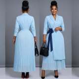 Women African Turndown Collar Lace-Up Pleated Dress