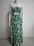 Women Summer Print Halter Neck Sexy Backless Hollow-Out Holidays Maxi Dress