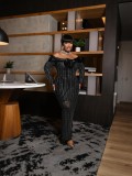 Women Off-Shoulder Beaded Color-Blocked Corsage Long-Sleeved Formal Party Dress