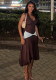 Women Color Block Pleated Halter Neck V-Neck Bodycon Maxi Dress