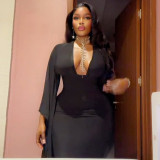Women Solid Backless Sexy Asymmetrical V-Neck Long-Sleeve Bodycon Dress