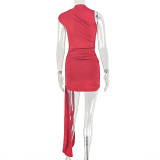 Women Solid Asymmetrical Sexy Sleeveless High-Neck Bodycon Dress