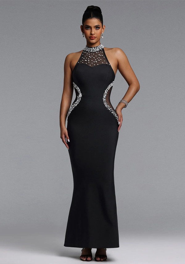 Women Halter Neck Beaded Backless Fishtail Dress