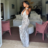 Women Gray and White Print Halter Neck Swing Neck Bodycon Dress