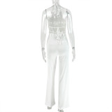 Women Solid Backless Halter Neck Round Neck Tie-up Top and Pant Two-Piece Set