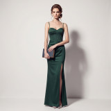 Women Spaghetti Strap Fishbone Pleated Slit Formal Party Evening Dress