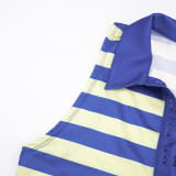 Women Autumn Turndown Collar Color Block Striped Polo Shirt Sleeveless Top and Shorts Two-Piece Set