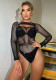 Women Beaded Off Shoulder See-Through Hollow-Out Rhinestone Mesh Long-Sleeved Fishnet Bodysuit Lingerie