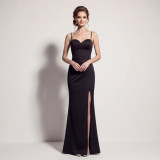 Women Spaghetti Strap Fishbone Pleated Slit Formal Party Evening Dress