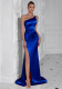 Women One-Shoulder Pleated Slit Evening Dress