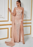 Women Sleeveless French One-Shoulder Sequined Maxi Bodycon Dress