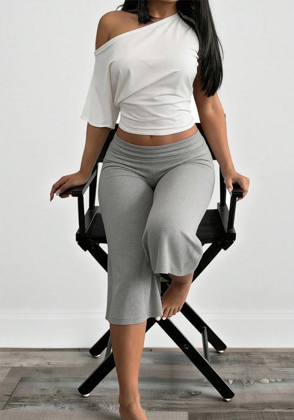 Women Casual American Spring/Summer Solid T-Shirt and Wide-Leg Pants Two-Piece Set