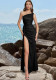 Women Sequined One-Shoulder Formal Party Skirt Slit Sequin Evening Dress