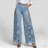 Women Patchwork Lace Wide-Leg Hollow-Out Floral Lace See-Through Bell Bottom Pants