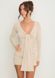 Women Solid Long-Sleeve V-Neck Pleated Ribbon Gathered Bodycon Dress