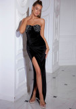 Women Sequined Patchwork Velvet Slit Formal Party Evening Dress