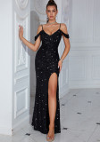 Women Sexy Sequined Slit Off-Shoulder Strapless Formal Party Evening Dress