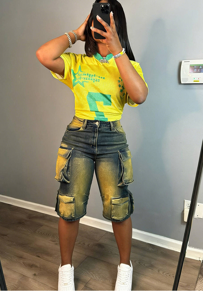 Yellow-Blue Gradient Cargo Shorts for Casual Streetwear