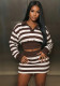 Women Striped Polo Neck Long-Sleeve Top and Skirt Two-Piece Set