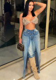Women Faux Two-Piece Layered Gradient Distressed Wide-Leg Pants