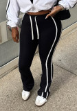 Women American Stretchy Side White Stripe Drawstring Bell Bottom Pants