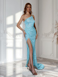 Women Sequined One-Shoulder Formal Party Slit Evening Dress