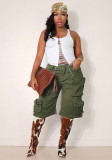 Women Summer American Military Green Wide-Leg Cargo Shorts