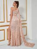 Women Sleeveless French One-Shoulder Sequined Maxi Bodycon Dress