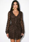 Women Autumn Sexy V-Neck Lace Ruffle Bell Bottom Long-Sleeve Dress