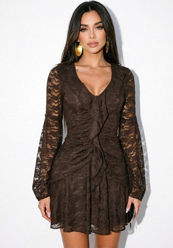 Women Autumn Sexy V-Neck Lace Ruffle Bell Bottom Long-Sleeve Dress