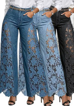 Women Patchwork Lace Wide-Leg Hollow-Out Floral Lace See-Through Bell Bottom Pants Women Patchwork Lace Wide-Leg Hollow-Out Floral Lace See-Through Bell Bottom Pants