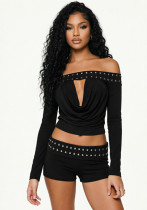 Women Sexy Hollow-Out Off-Shoulder Top and Studded Shorts Two-Piece Set Women Sexy Hollow-Out Off-Shoulder Top and Studded Shorts Two-Piece Set
