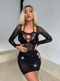 Women See-Through Knitting Halter Neck Off-Shoulder Long-Sleeved Bodycon Dress