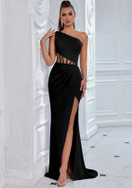 Women Sexy One-Shoulder Patchwork Waist-cinching Slit Evening Dress Women Sexy One-Shoulder Patchwork Waist-cinching Slit Evening Dress