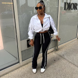 Women American Stretchy Side White Stripe Drawstring Bell Bottom Pants