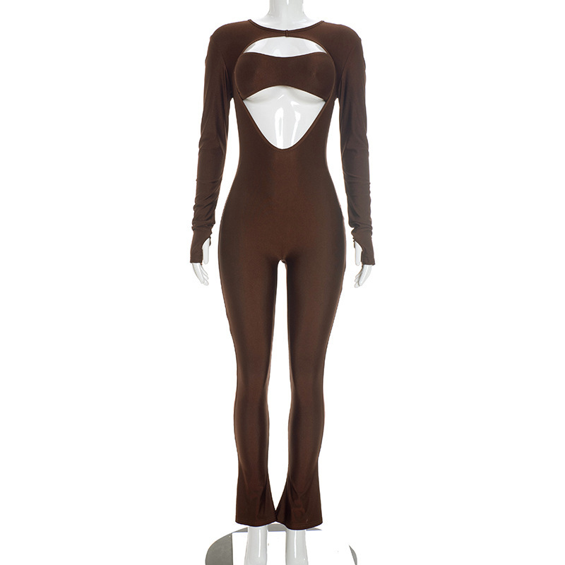 Long-Sleeve Hollow-Out Zipper Jumpsuit for Clubwear
