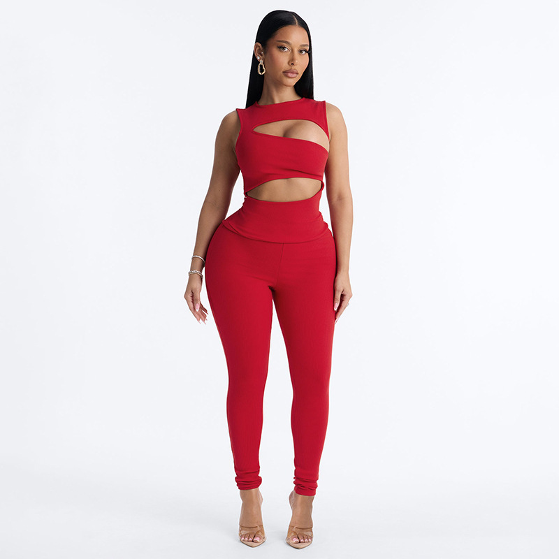 Solid Sleeveless Hollow-Out Jumpsuit for Clubwear
