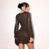 Women Autumn Sexy V-Neck Lace Ruffle Bell Bottom Long-Sleeve Dress