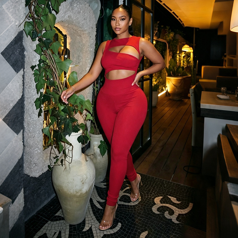 Solid Sleeveless Hollow-Out Jumpsuit for Clubwear
