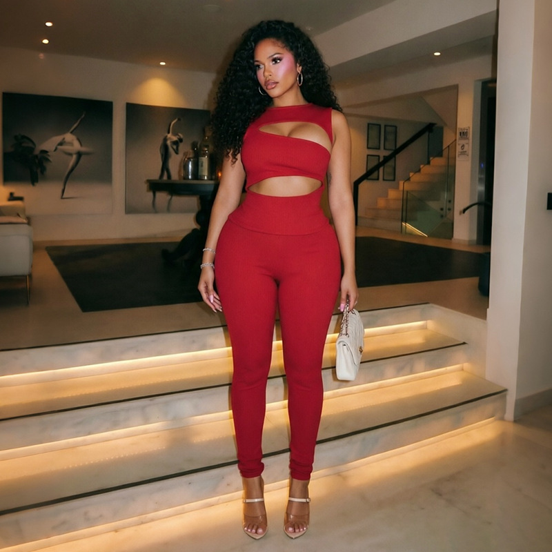 Solid Sleeveless Hollow-Out Jumpsuit for Clubwear