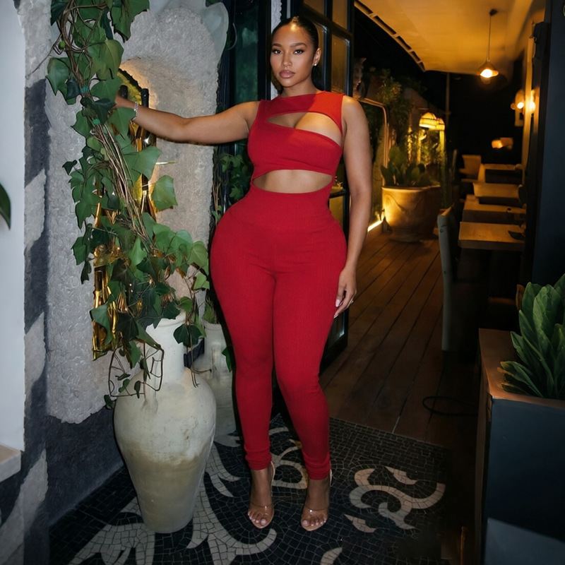 Solid Sleeveless Hollow-Out Jumpsuit for Clubwear