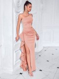 Women Sexy Evening Dress Patchwork Ruffle Slit Evening Dress